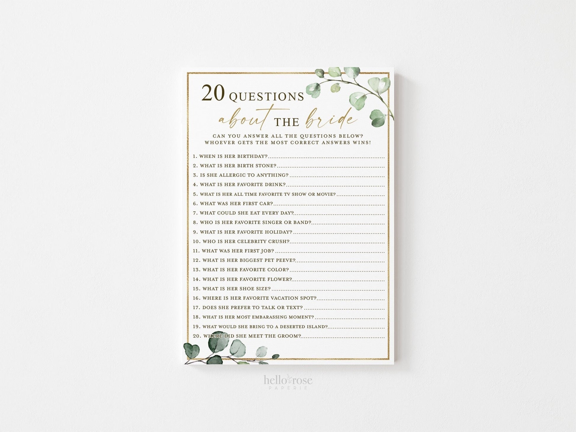 20 Questions About the Bride . Bridal Shower Game . Who Knows the Bride . Greenery and Gold . Hen Bachelorette Party . Instant Download G2