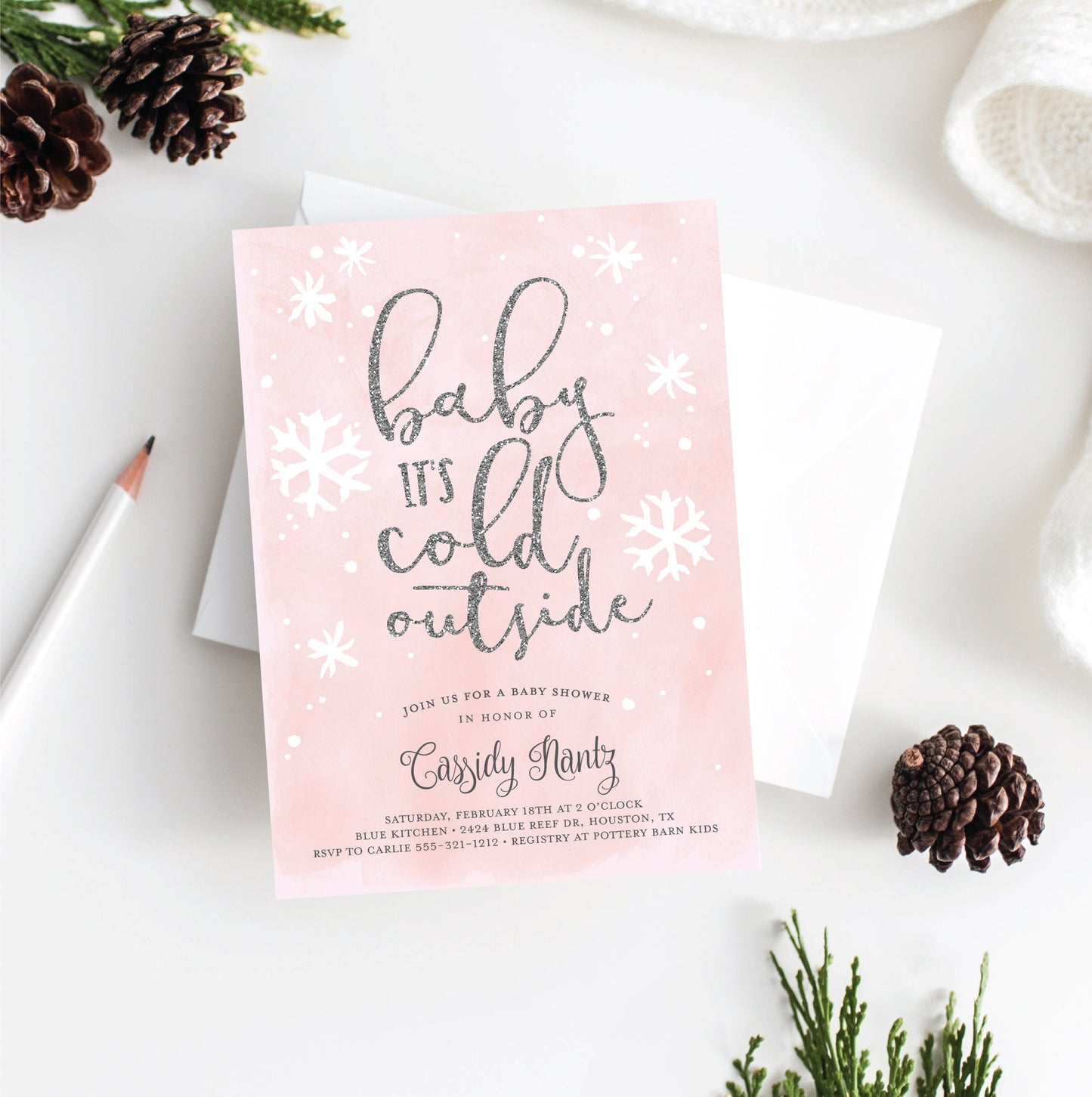 Baby Predictions and Advice Card . Winter Girl Baby Shower . Baby Advice Card . Pink and Silver . Printable Instant Download