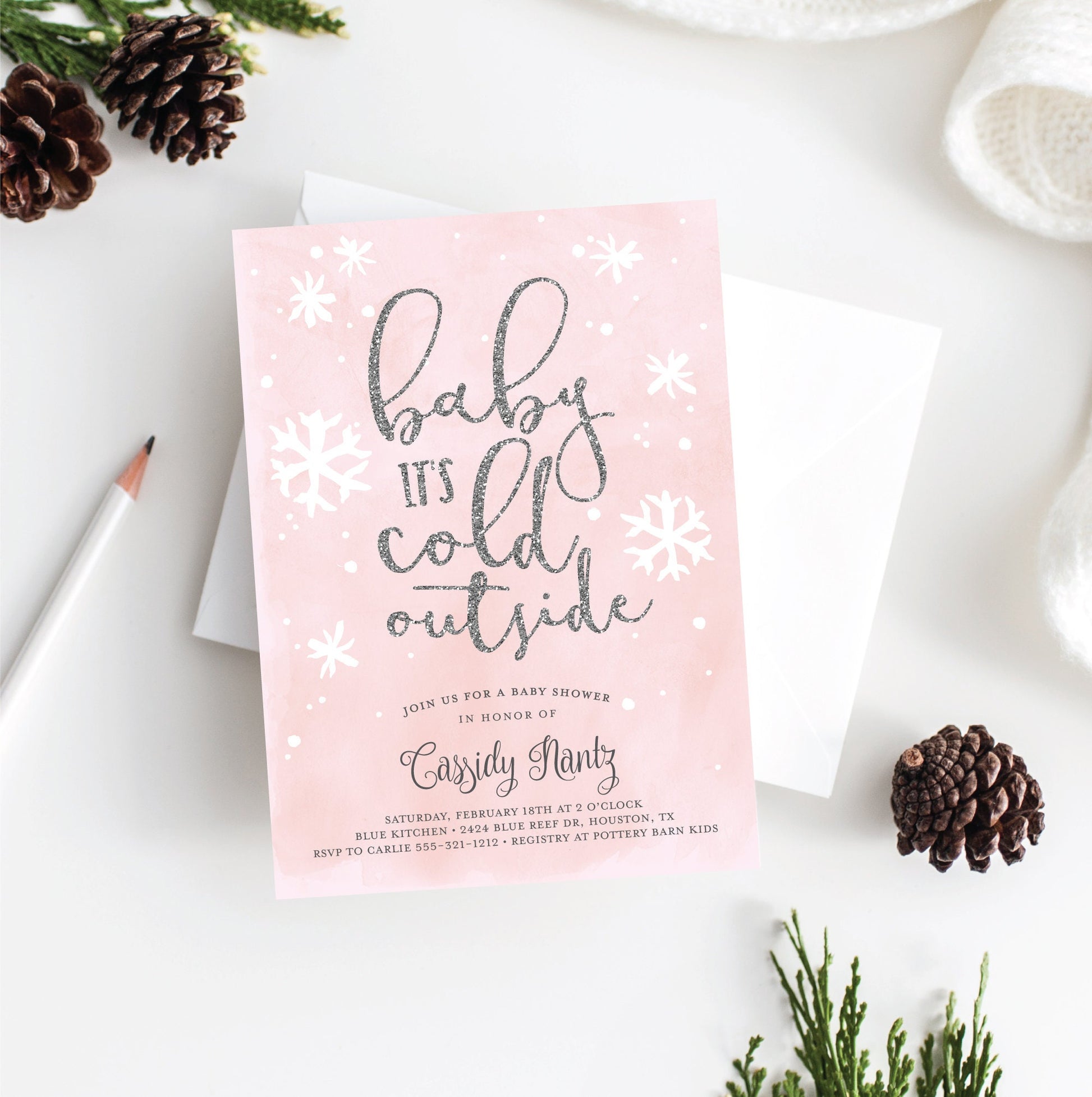 Baby Predictions and Advice Card . Winter Girl Baby Shower . Baby Advice Card . Pink and Silver . Printable Instant Download