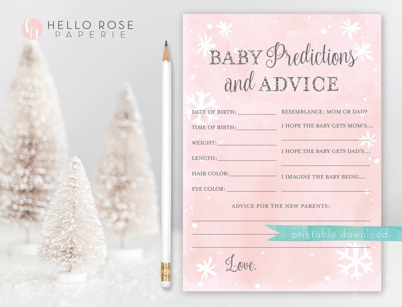 Baby Predictions and Advice Card . Winter Girl Baby Shower . Baby Advice Card . Pink and Silver . Printable Instant Download