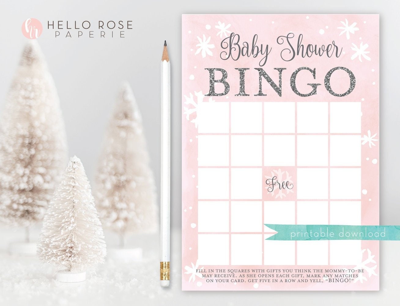 Baby Shower Bingo Card Printable . Winter Girl Baby Shower Game . Baby its Cold Outside . Pink and Silver Glitter . Printable Download