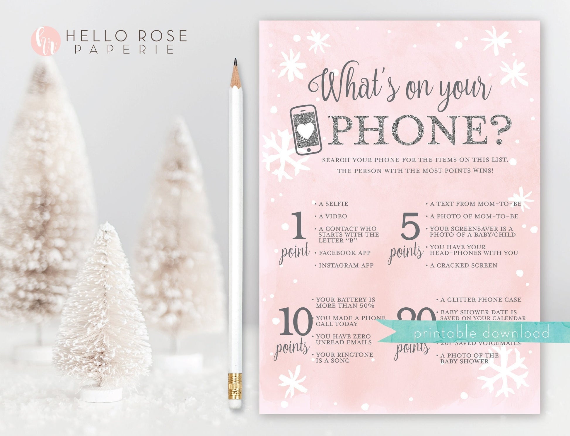 Whats on Your Phone Baby Shower Game Printable, Pink Silver and Gold, Winter Girl Shower, Baby its Cold Outside, Printable Instant Download