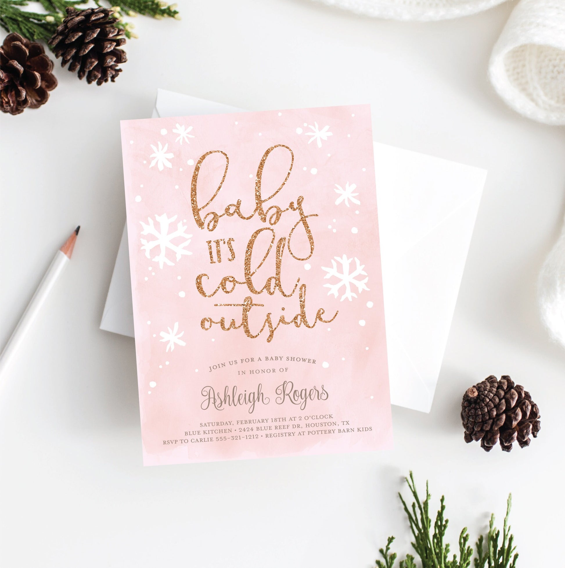 Baby Shower Bingo Card Printable . Winter Girl Baby Shower Game . Baby its Cold Outside . Pink and Gold Glitter . Printable Download