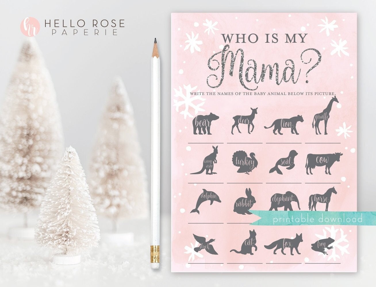 Who is My Mama Game. Winter Girl Baby Shower . Baby its Cold Outside . Pink and Silver Glitter . Printable Download