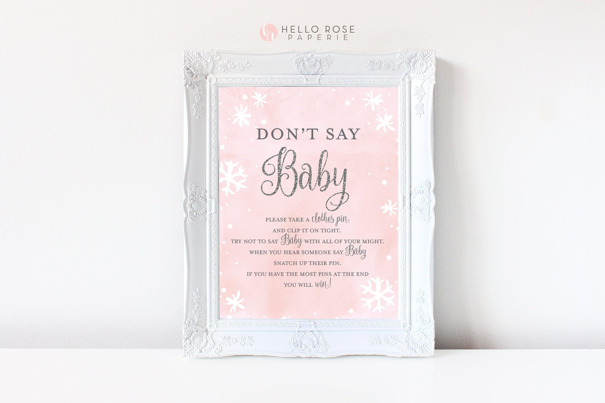 Don't Say Baby Game Pin Sign . Baby its Cold Outside Winter Wonderland Baby Shower Girl . Pink Silver Snowflakes . Printable Download
