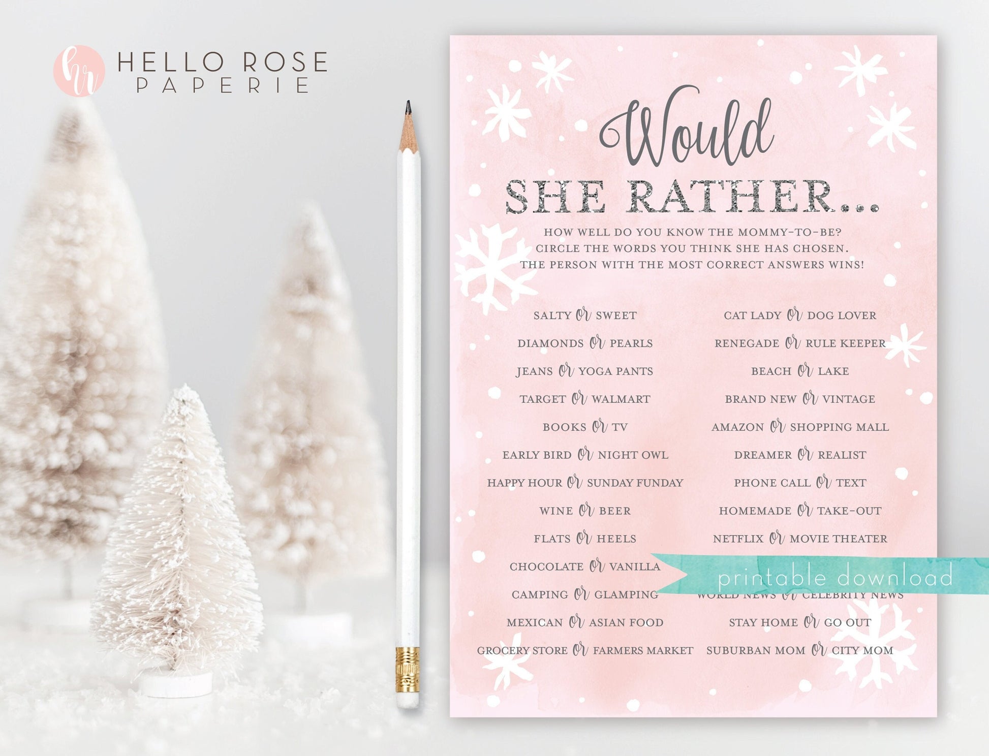 Would She Rather Baby Shower Game . Who Knows Mommy Best . Winter Girl . Pink and Silver Snowflakes Wonderland . Printable Instant Download