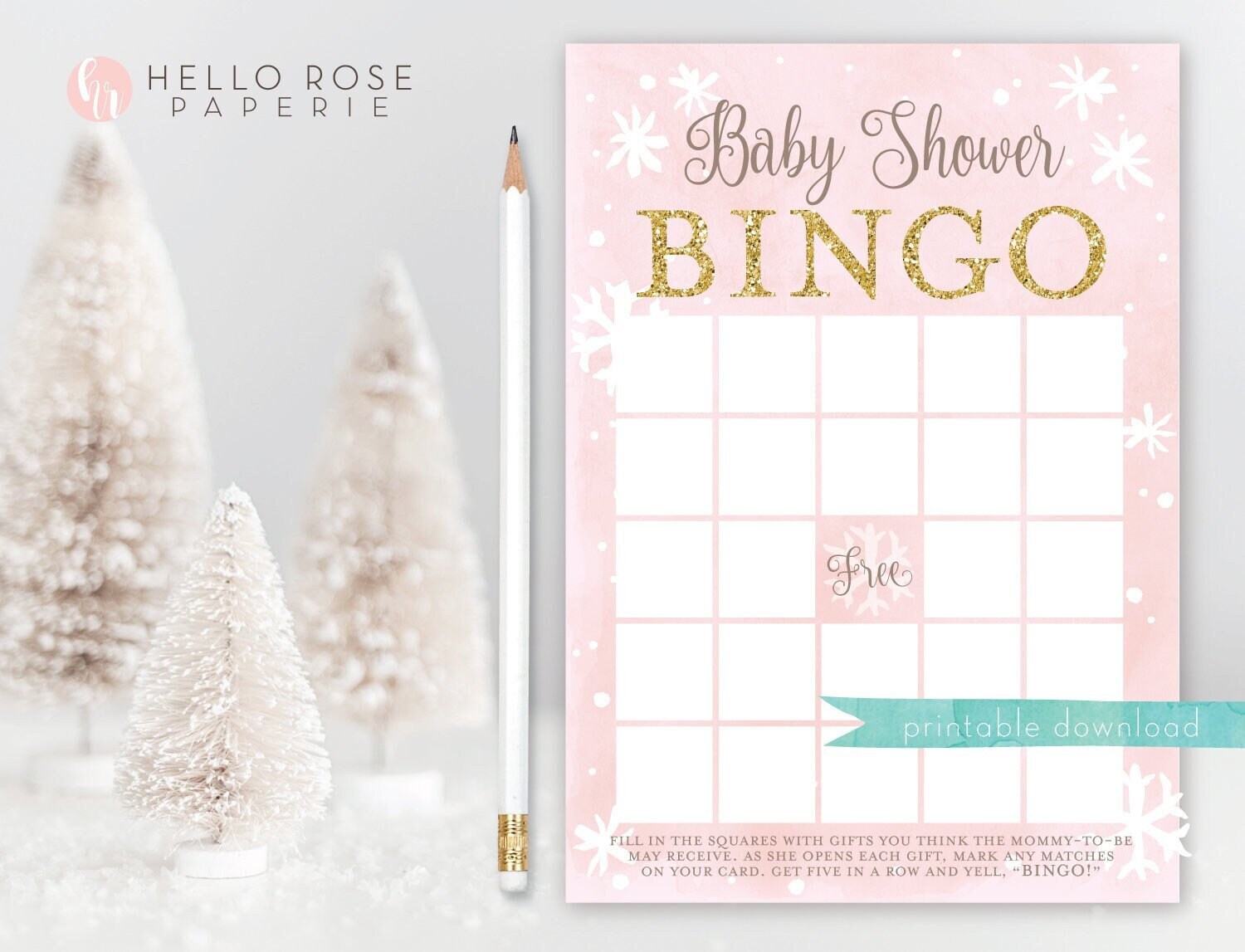 Baby Shower Bingo Card Printable . Winter Girl Baby Shower Game . Baby its Cold Outside . Pink and Gold Glitter . Printable Download