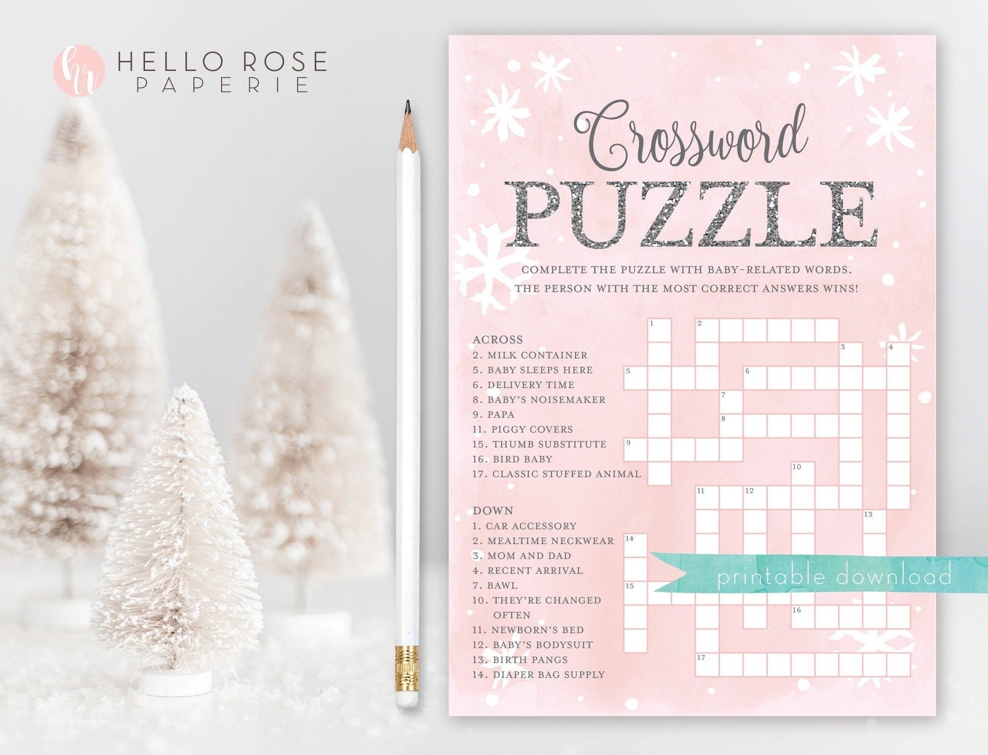 Baby Shower Crossword Puzzle Game . Baby It's Cold Outside Girl . Winter Snowflakes . Pink and Silver . Printable Instant Download