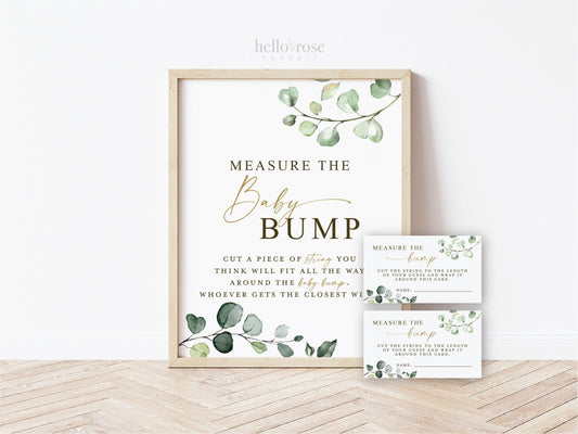 Measure the Baby Bump Baby Shower Game Sign + Cards . Boy Girl Neutral Baby Shower . Greenery and Gold Boho . 8x10 Sign Instant Download G2