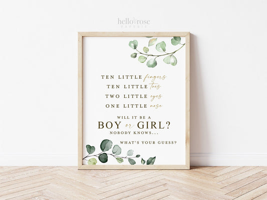 Gender Reveal Sign . Ten Little Fingers . Boy or Girl Guess . Greenery and Gold Rustic Boho . Printable 8x10 Instant Digital Download . G2