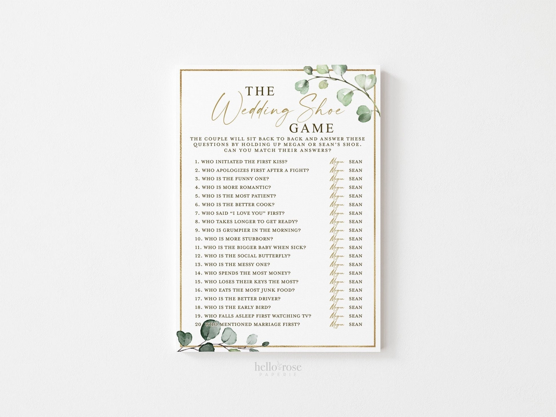 Personalized Wedding Shoe Game . Couples Shower . Rehearsal Dinner . Fun Wedding Games . Greenery and Gold . Printable Download . G2