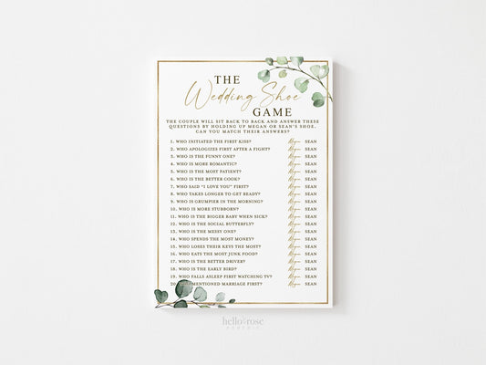 Personalized Wedding Shoe Game . Couples Shower . Rehearsal Dinner . Fun Wedding Games . Greenery and Gold . Printable Download . G2