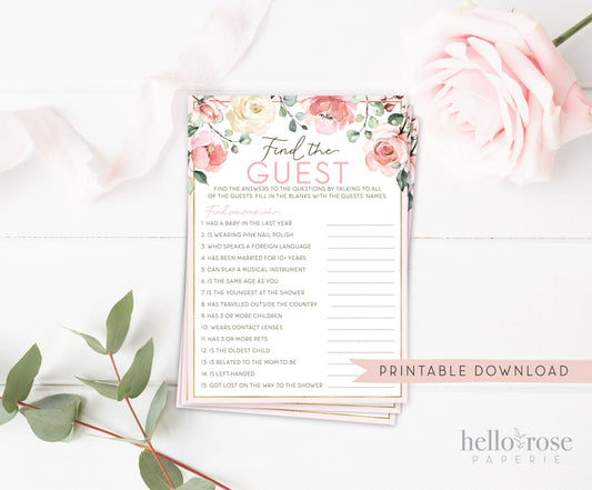 Find the Guest Baby Shower Game . Fun Printable Icebreaker . Floral Watercolor Pink Roses Greenery . Girl Baby Shower . Instant Download