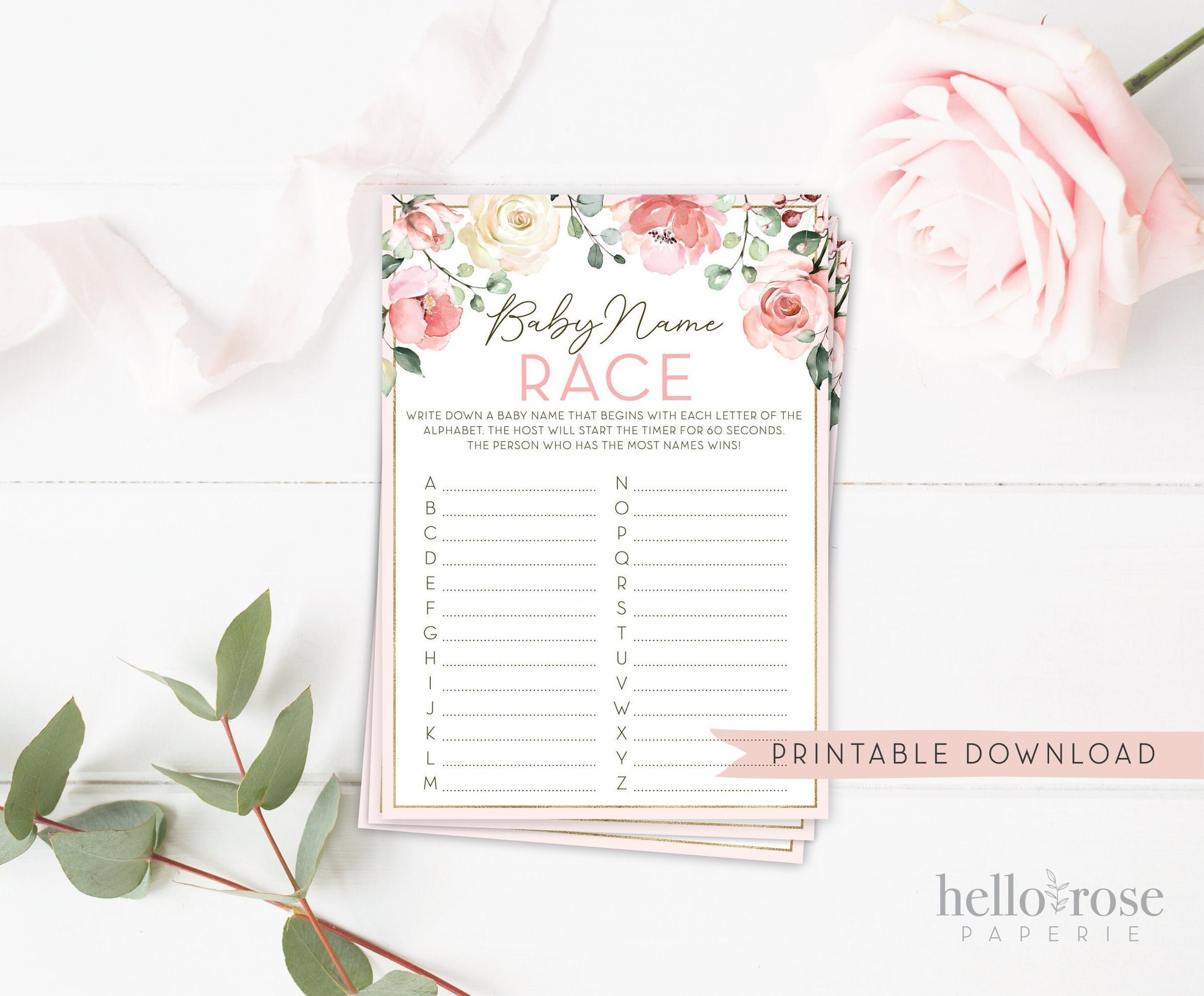 Baby Name Race Game . Baby Shower Printable Game . Floral Watercolor Pink Roses Greenery Eucalyptus . Girl Baby Shower . Instant Download