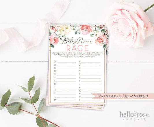 Baby Name Race Game . Baby Shower Printable Game . Floral Watercolor Pink Roses Greenery Eucalyptus . Girl Baby Shower . Instant Download