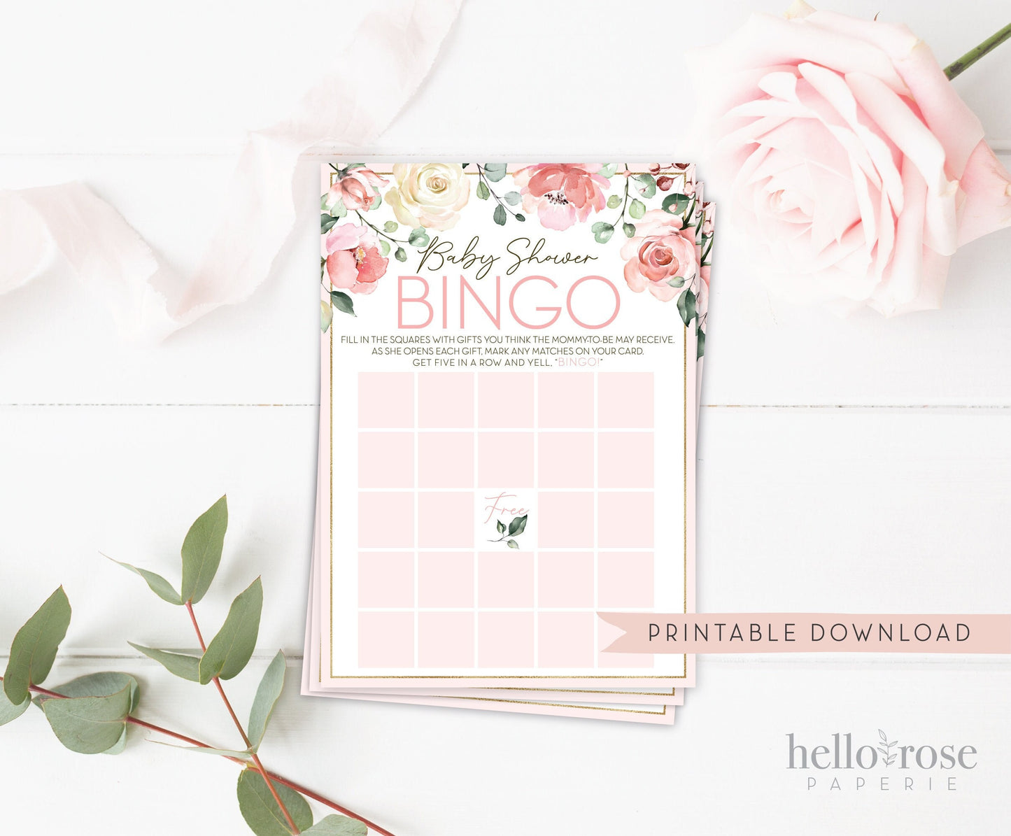 Baby Shower Bingo Gift Opening Game . Printable Floral Watercolor Pink Roses Greenery Eucalyptus . Girl Baby Shower . Instant Download