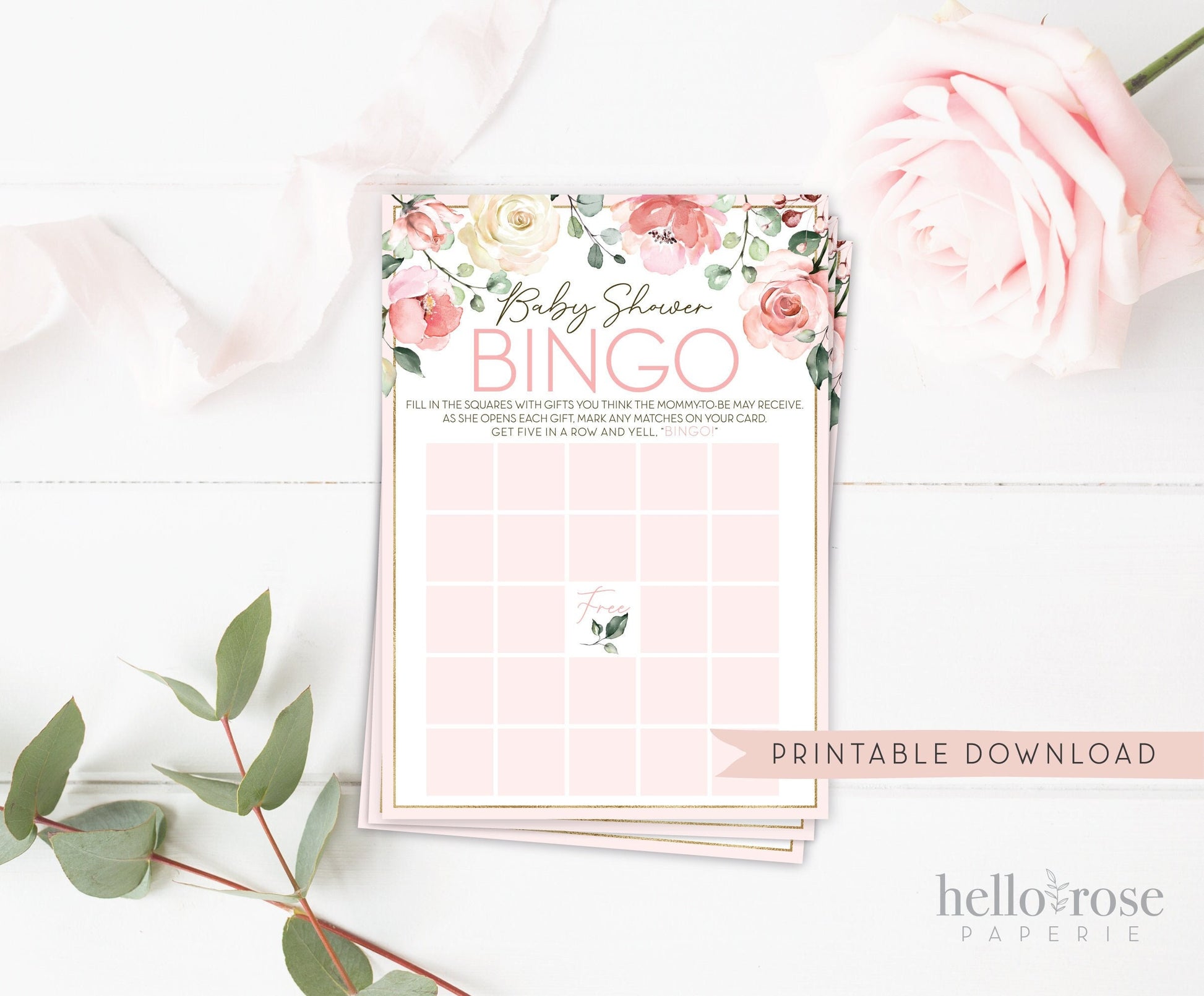 Baby Shower Bingo Gift Opening Game . Printable Floral Watercolor Pink Roses Greenery Eucalyptus . Girl Baby Shower . Instant Download