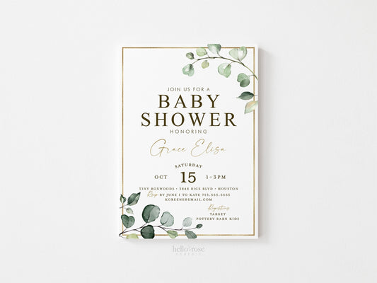 Baby Shower Printable Invitation . Girl or Boy . Greenery and Gold . Boho . Eucalyptus . Digital Download PDF or JPEG . G2