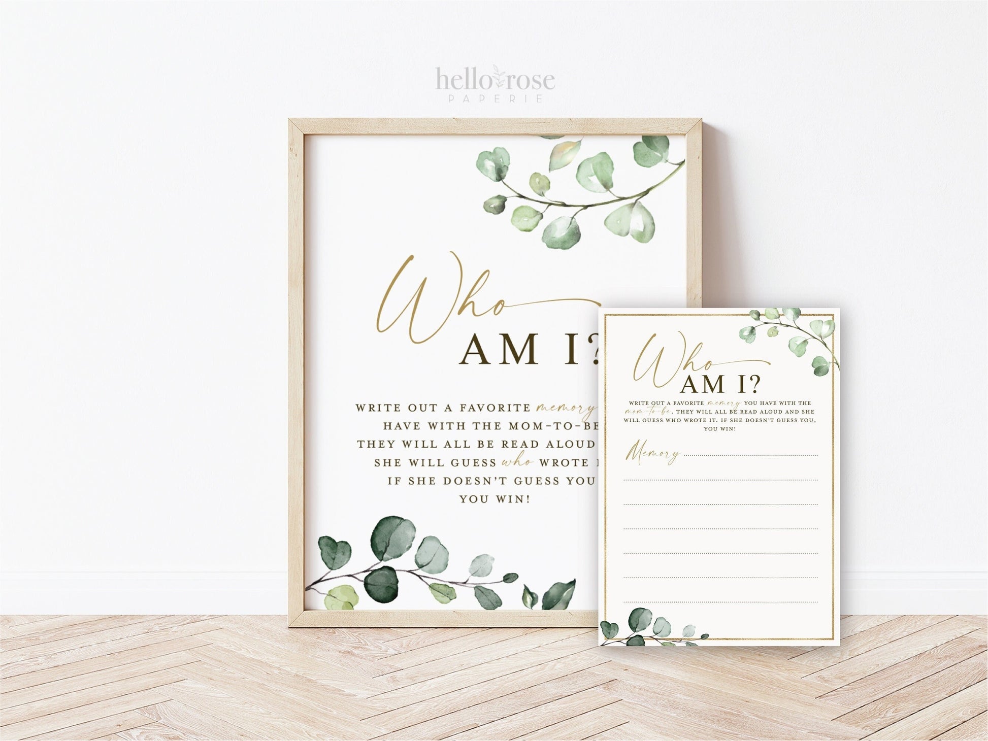 Who Am I Baby Shower Sprinkle Printable Game Sign + Cards . Favorite Memories with the Mom-to-be . Greenery and Gold . Instant Download G2