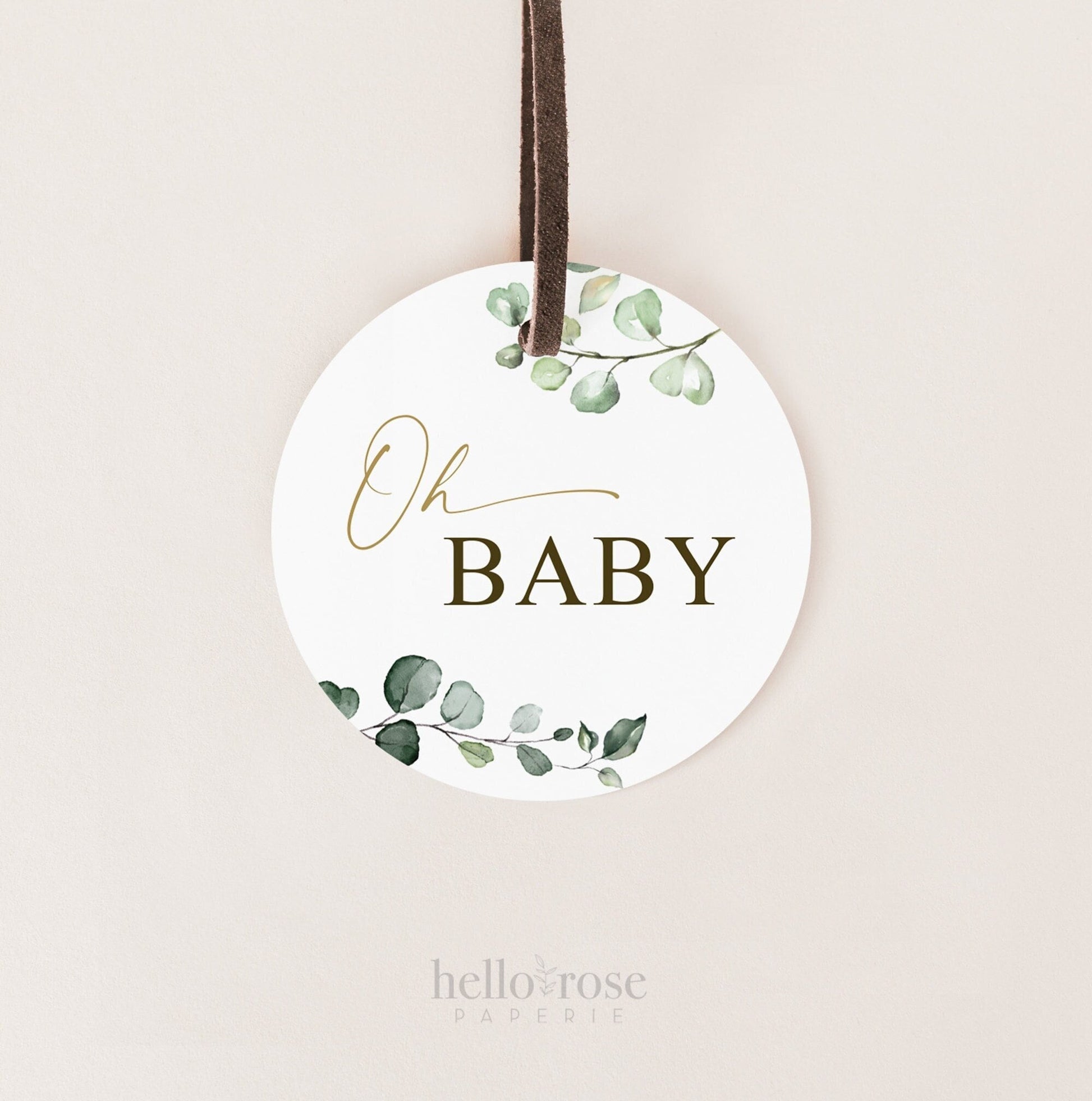 Printable Oh Baby Tags Stickers Labels Cupcake Toppers . Greenery and Gold . Baby Shower Champagne Bottle Favors . 2.25" Instant Download