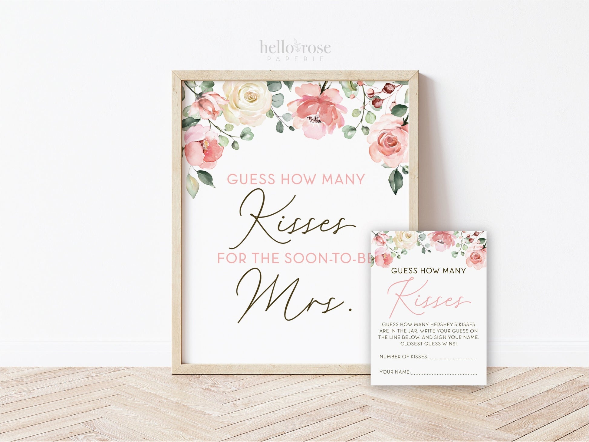 Guess How Many Kisses for the Soon-to-be Mrs Cards and Sign Printable . Pink Floral . Bridal Shower Bachelorette . Instant Digital Download