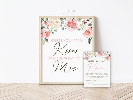 Guess How Many Kisses for the Soon-to-be Mrs Cards and Sign Printable . Pink Floral . Bridal Shower Bachelorette . Instant Digital Download