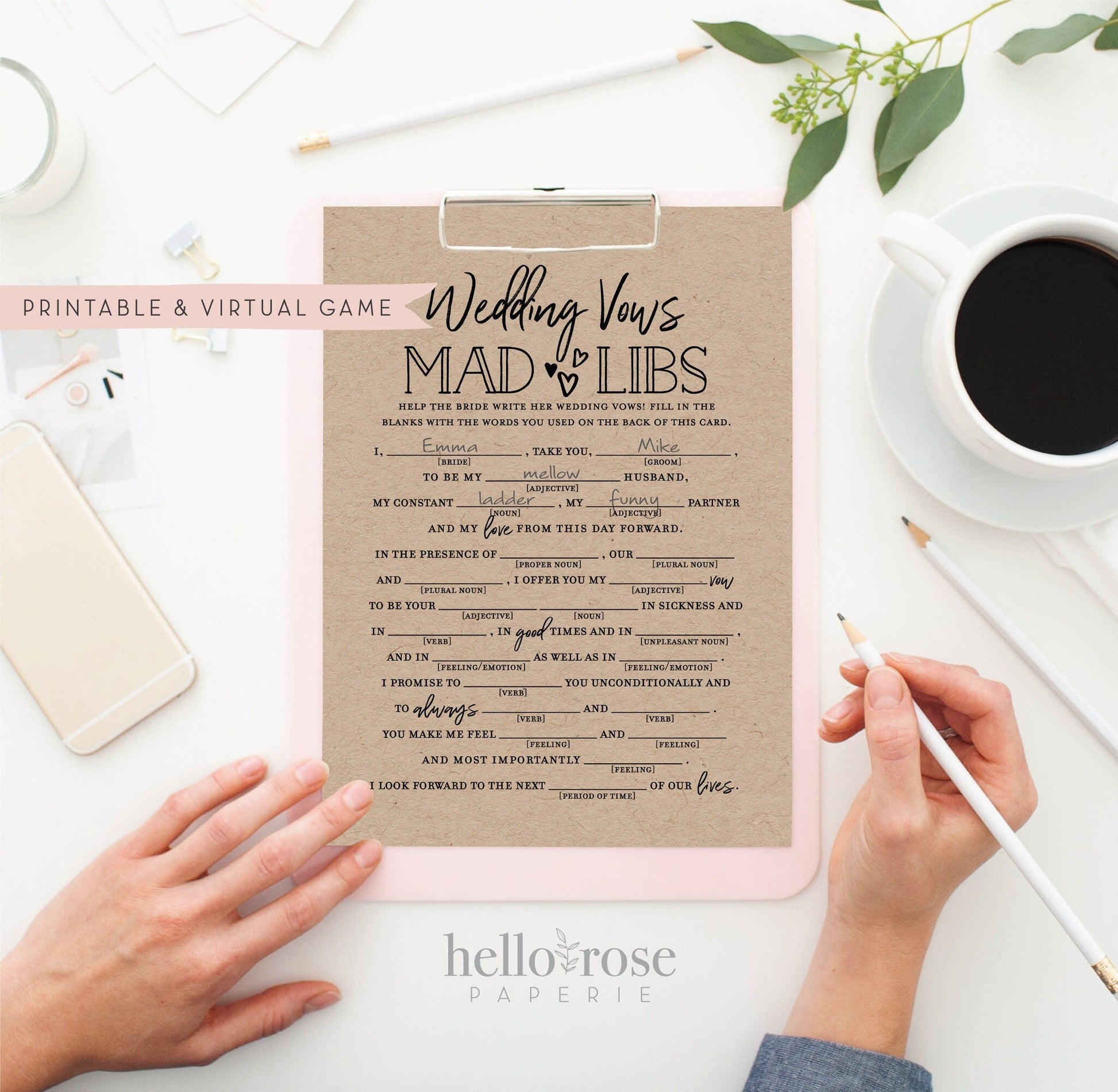 Wedding Vows Mad Libs . Printable Funny Wedding Advice Mad Libs Game . Engagement Party . Kraft + Minimalist Black White . Instant Download
