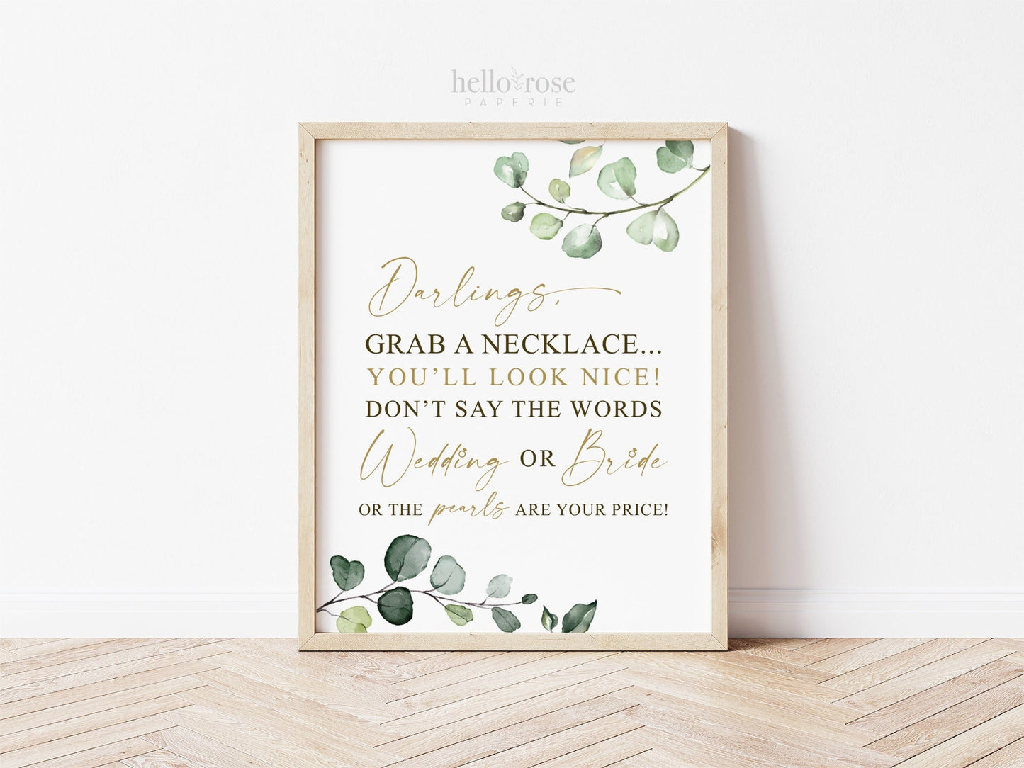 Dont Say Wedding or Price Pearl Necklace Game Sign Printable . Greenery and Gold . Bridal Shower Bachelorette Hens Party . 8x10 PDF . G2