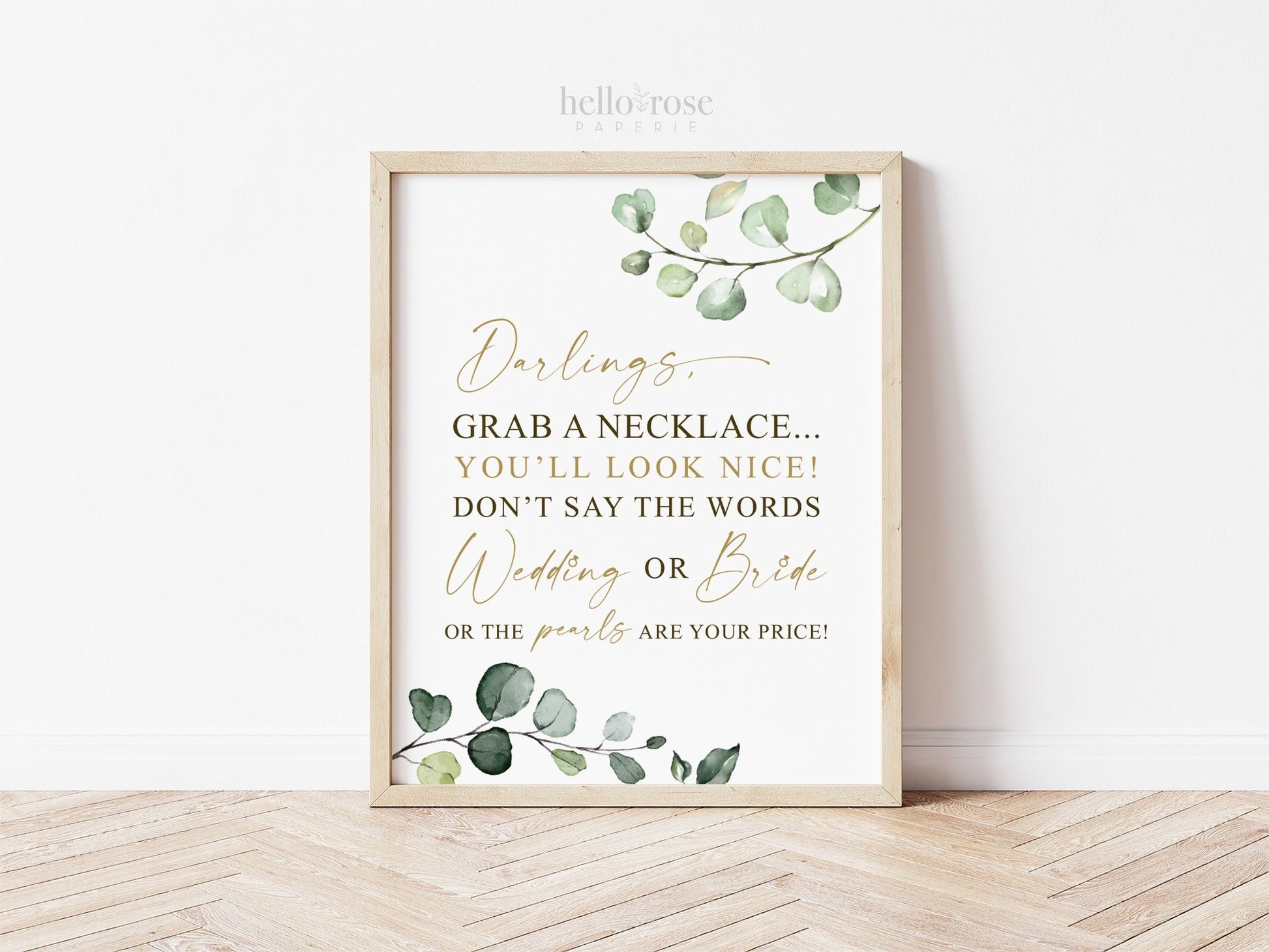 Dont Say Wedding or Price Pearl Necklace Game Sign Printable . Greenery and Gold . Bridal Shower Bachelorette Hens Party . 8x10 PDF . G2