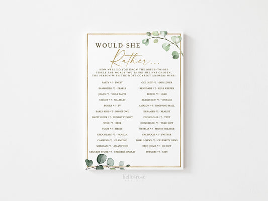 Would She Rather Bridal Shower Printable Game . Greenery and Gold . Fun Rustic Boho Game . Hens Bachelorette Party . Instant Download G2