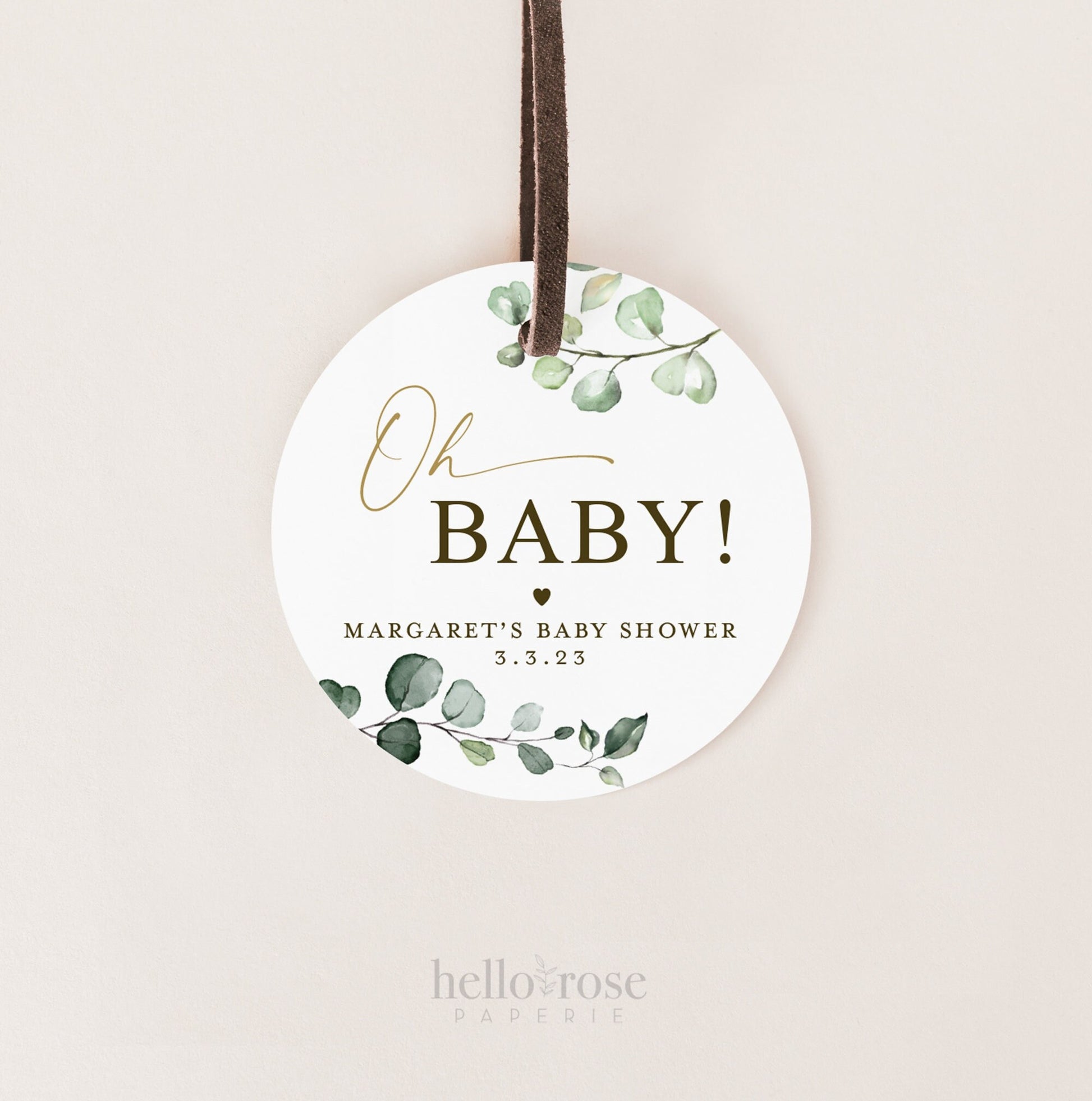 PRINTABLE Oh Baby Personalized Tags Stickers Labels Cupcake Toppers . Greenery and Gold . Baby Shower Favors . Digital Download PDF