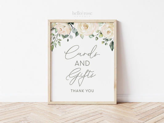 Cards and Gifts Printable Table Sign 8x10 . White Floral . Baby Shower Bridal Shower Wedding Bachelorette Hens Party . Instant Download PDF