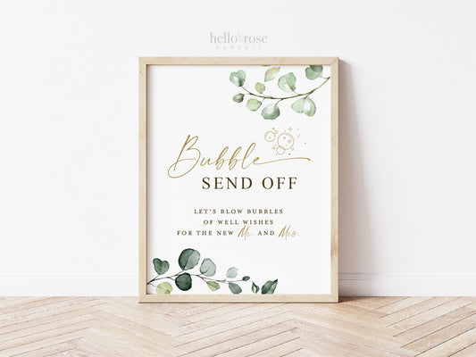 Bubble Send Off Printable Sign . Bubble Wand Favors Send Off for Newlyweds . Wedding Bubbles Sendoff Sign . Greenery and Gold . G2