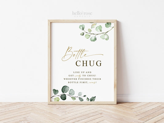Bottle Chug Baby Shower Game Table Sign . Baby Bottle Drinking Game . Greenery and Gold . Baby Shower Printable . Instant Download 8x10 G2