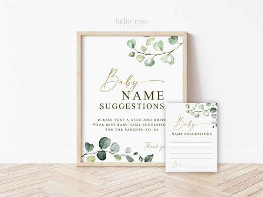 Baby Name Suggestions Game Sign and Cards . Boy Girl Neutral Baby Shower . Greenery and Gold Boho Rustic . 8x10 Sign Instant Download G2
