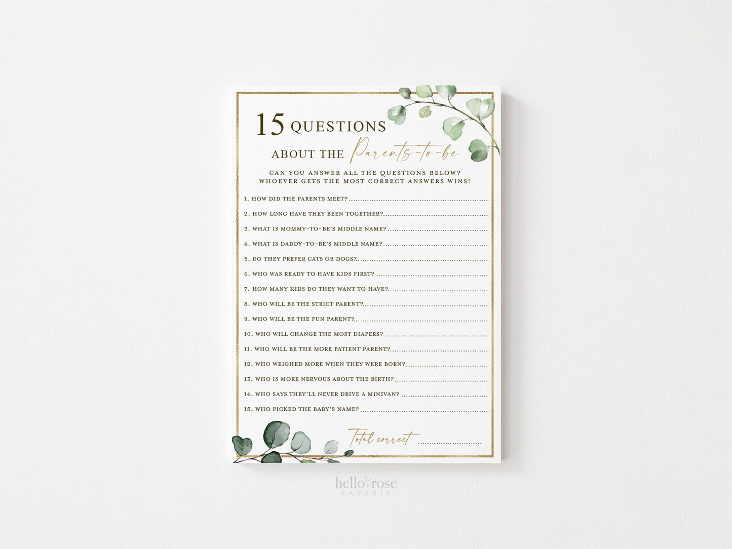 15 Questions About the Parents to be Printable Baby Shower Game . How Well Do You Know Parents . Greenery and Gold . Instant Download . G2