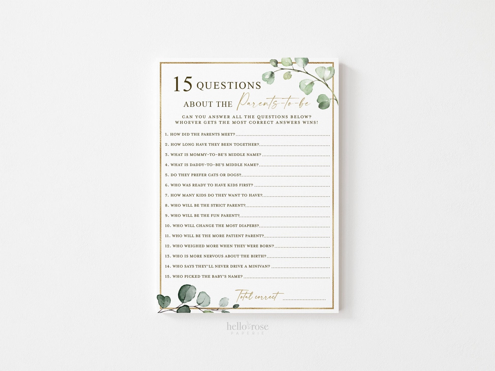 15 Questions About the Parents to be Printable Baby Shower Game . How Well Do You Know Parents . Greenery and Gold . Instant Download . G2