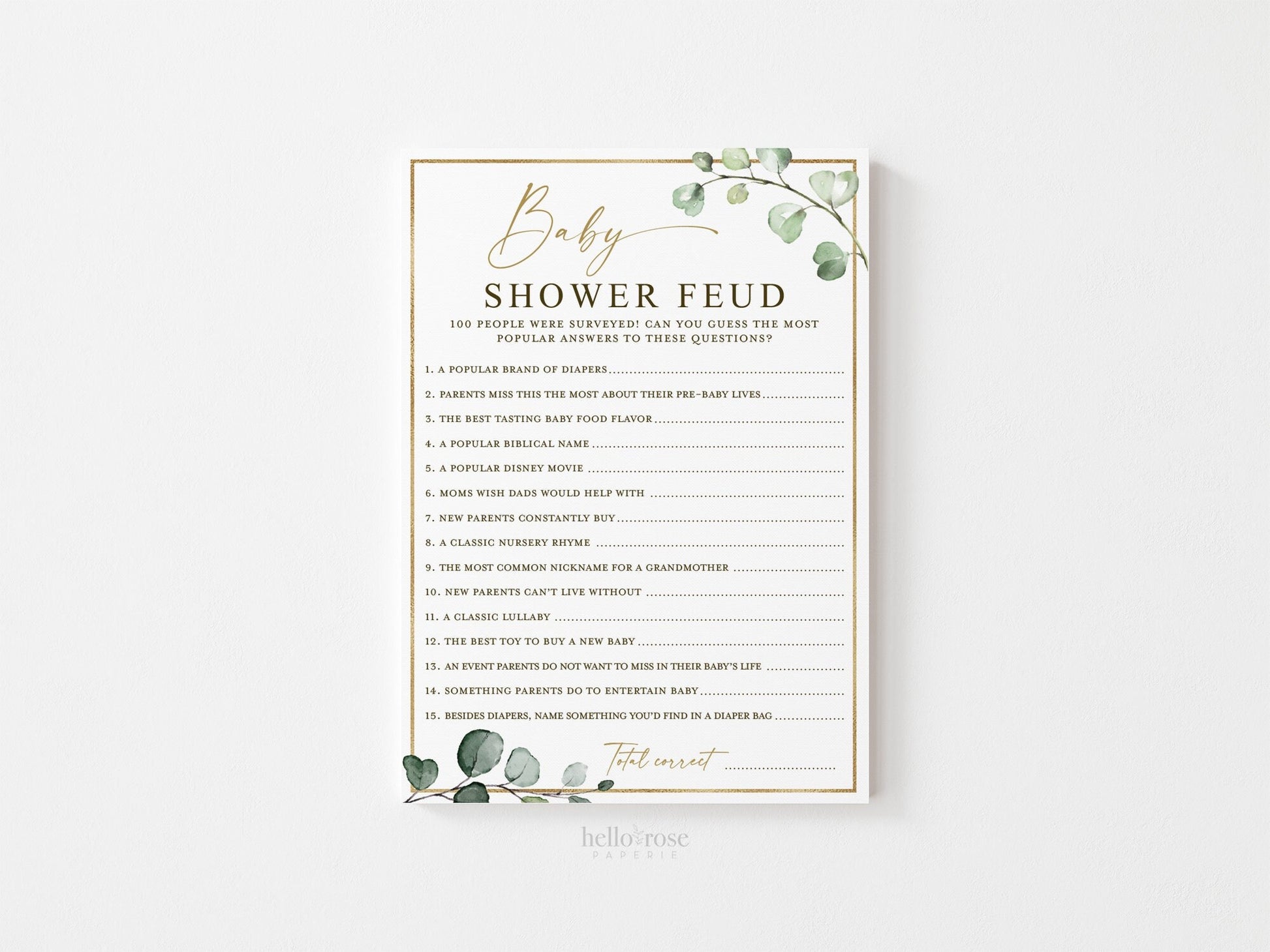 Baby Shower Feud Printable Baby Shower Game . Greenery and Gold . Fun Baby Shower Game . Sip and See Gender Reveal . Instant Download . G2