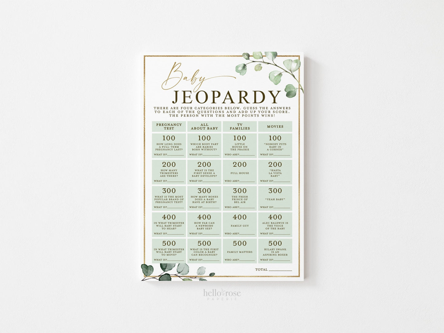 Baby Jeopardy Printable Baby Shower Game . Greenery and Gold . Printable Icebreaker . Sip and See Gender Reveal . Instant Download . G2