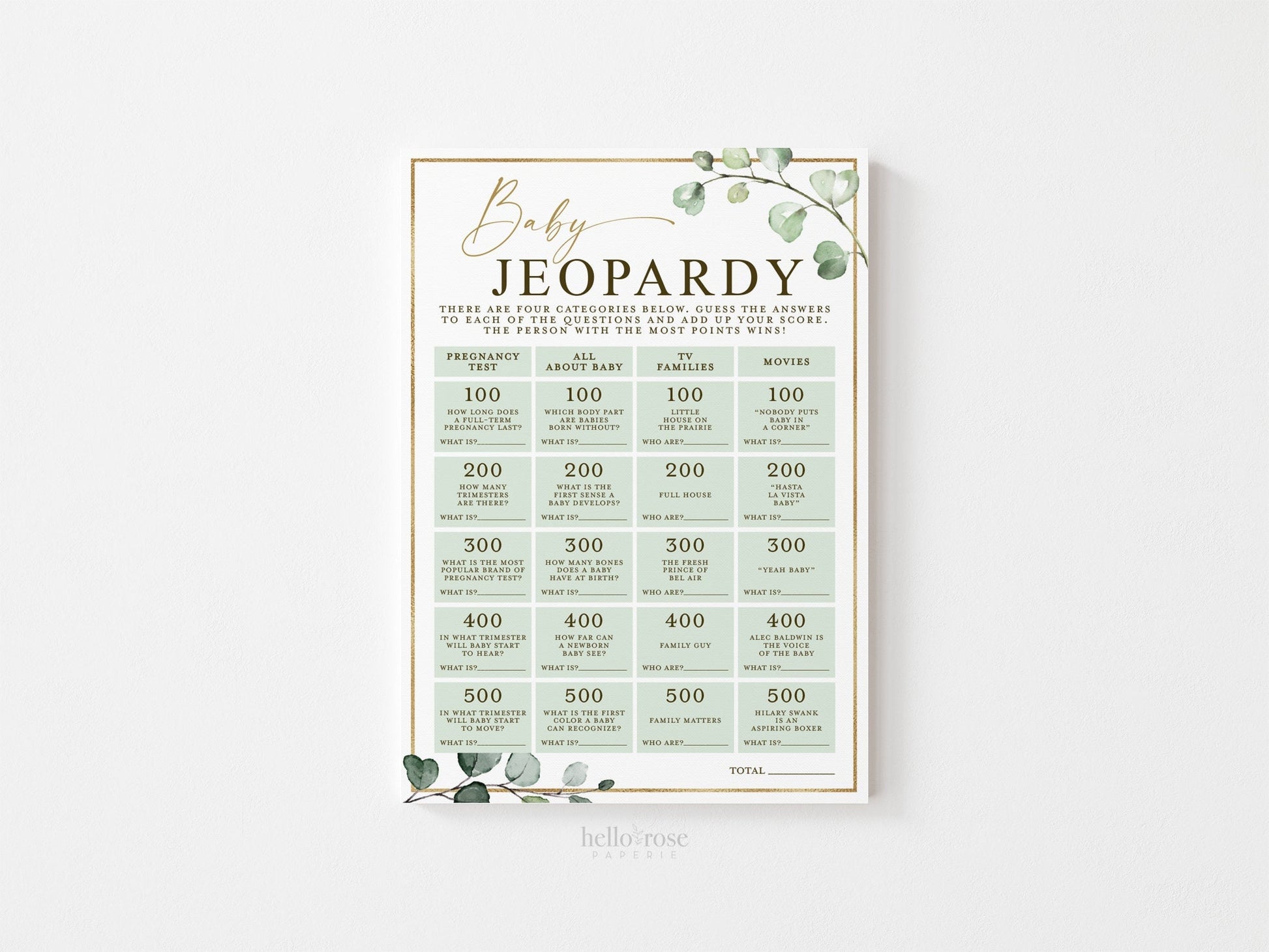 Baby Jeopardy Printable Baby Shower Game . Greenery and Gold . Printable Icebreaker . Sip and See Gender Reveal . Instant Download . G2