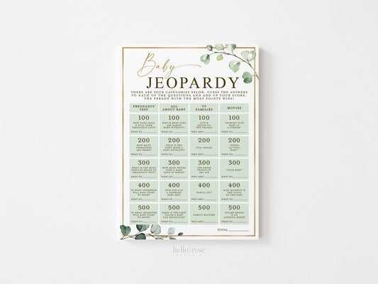 Baby Jeopardy Printable Baby Shower Game . Greenery and Gold . Printable Icebreaker . Sip and See Gender Reveal . Instant Download . G2
