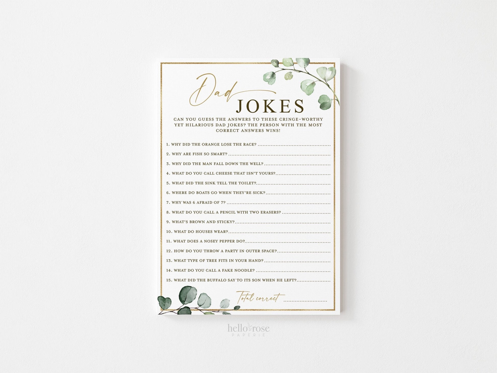 Dad Jokes Printable Baby Shower Game . Greenery and Gold . Printable Icebreaker . Sip and See Gender Reveal . Instant Download . G2