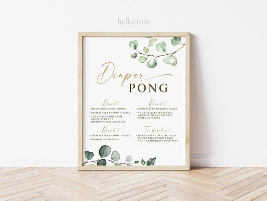 Diaper Pong Printable Baby Shower Game Sign with Rules . Fun Game . Boy Girl Neutral . Greenery and Gold Boho . 8x10 Instant Download G2