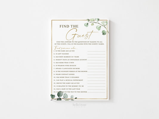 Find the Guest Baby Shower PRINTABLE Game . Greenery and Gold . Printable Icebreaker . Sip and See Gender Reveal . Instant Download . G2
