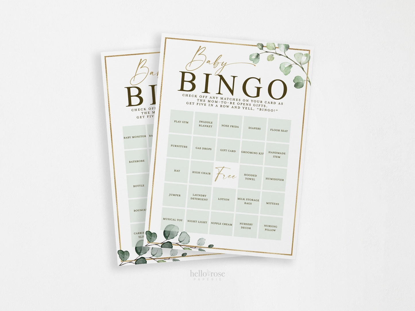 Baby Shower Bingo 50 Pre Filled Unique Printable Game Cards . Presents Gift Opening Bingo Game . Greenery and Gold . PDF Instant Download G2