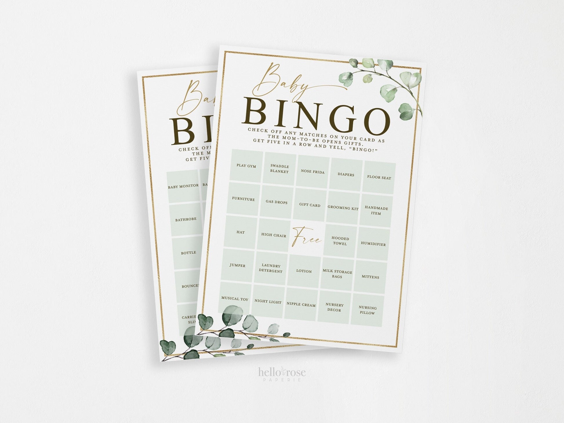 Baby Shower Bingo 50 Pre Filled Unique Printable Game Cards . Presents Gift Opening Bingo Game . Greenery and Gold . PDF Instant Download G2