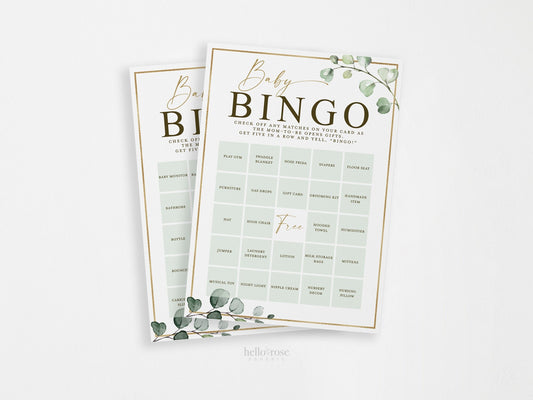 Baby Shower Bingo 50 Pre Filled Unique Printable Game Cards . Presents Gift Opening Bingo Game . Greenery and Gold . PDF Instant Download G2
