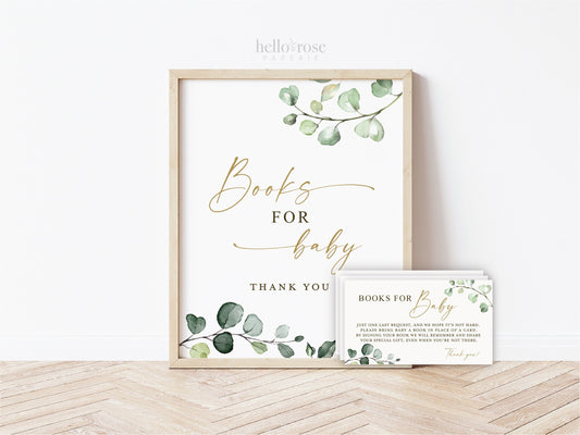 Books for Baby Game Insert Cards and Sign . Boy Girl Neutral Baby Shower . Greenery and Gold Boho Rustic . 8x10 Sign Instant Download G2