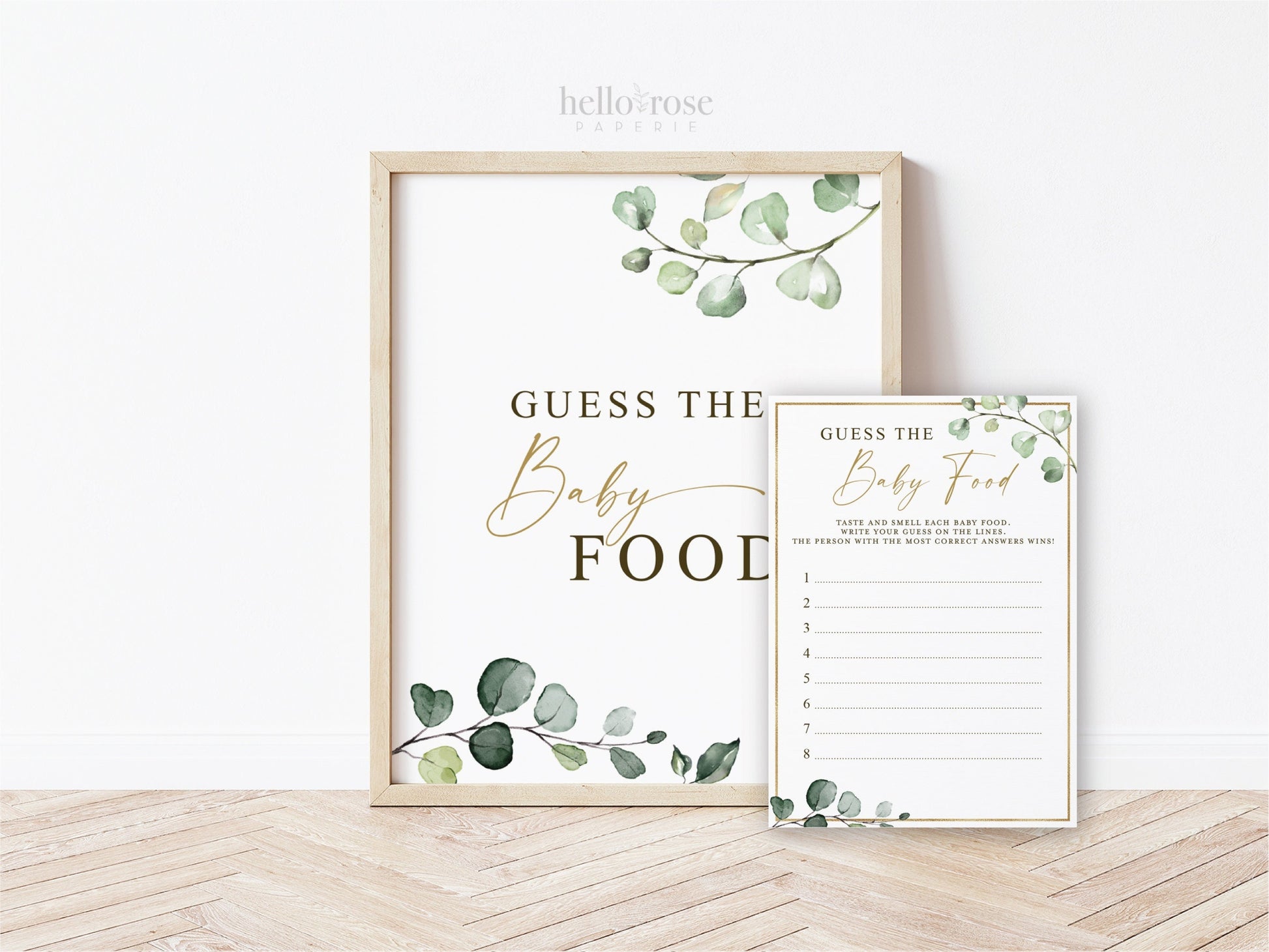 Guess the Baby Food Sign + Card . PRINTABLE Baby Shower Game . Sip & See Gender Reveal Couples Shower . Greenery Gold . Instant Download G2