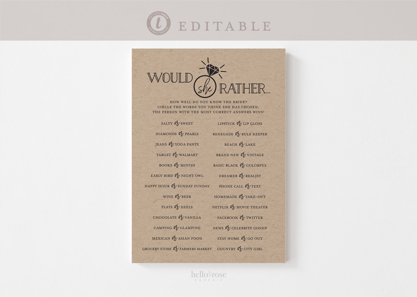 Would She Rather Game . Who Knows Bride Best . Bachelorette . Modern Minimalist . PRINTABLE Editable Template Instant Download Templett G2-T